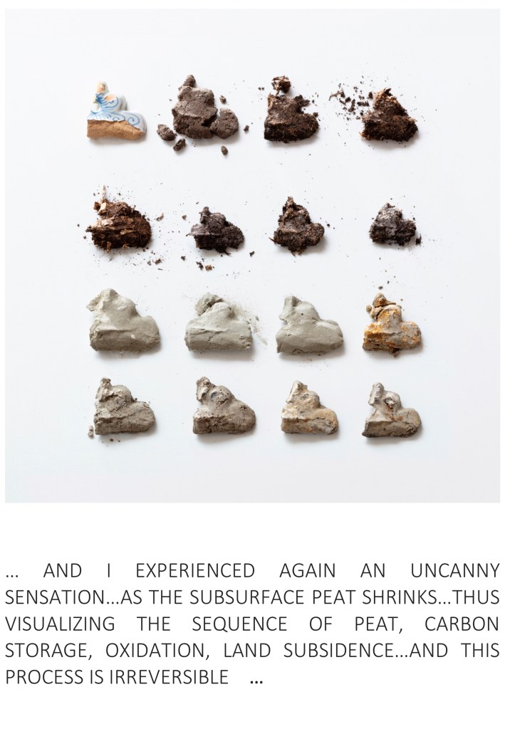 Soft Soils as work-in-progress, Jacqueline Heerema, 2021.
17th century artifact I found on the surface; with samples of 10 meters depth and approx. 6.000 years of time-depth of subsurface living climate archive, Land in Wording, Amstelpark Amsterdam; photo: Gerrit Schreurs.
