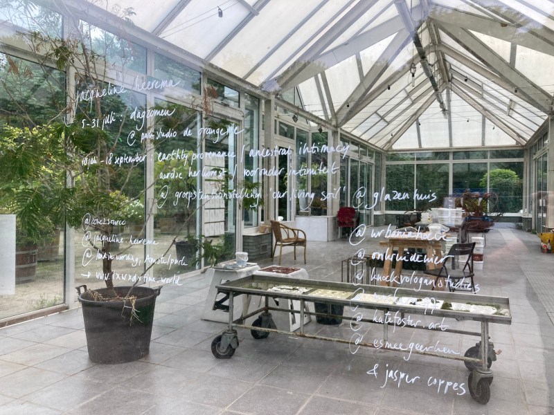 Artist-in-residency, work space at Orangerie, Zone2Source Amstelpark Amsterdam, Jacqueline Heerema, July 2022.