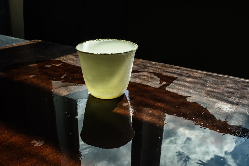 First explorations of a hybrid fossil-artifact, a Cup with Soul with a rim of North Sea Mammoth Fossils glazing, made during artist-in-residency at EKWC in 2020